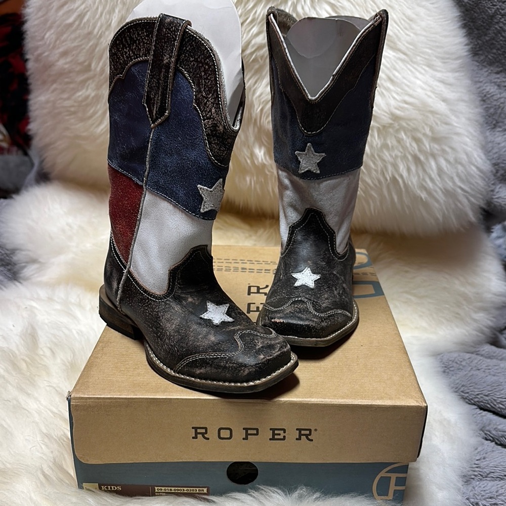 Kids Roper distressed real leather Star USA flag Cowboy Boots sz 13 boy girl